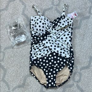 Lands' End Black and White Polka Dot Womens Swim One Piece 10 long